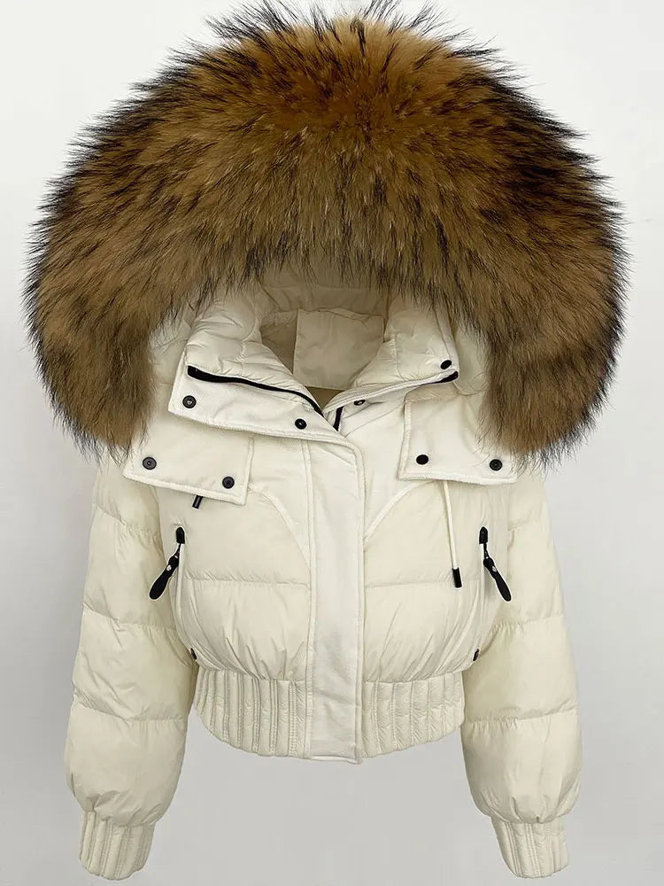 CXFS 2025 Winter Jacket Women Short Natural Real Raccoon Fox Fur Collar Hooded White Duck Down Coat Thick Warm Casual Outerwear