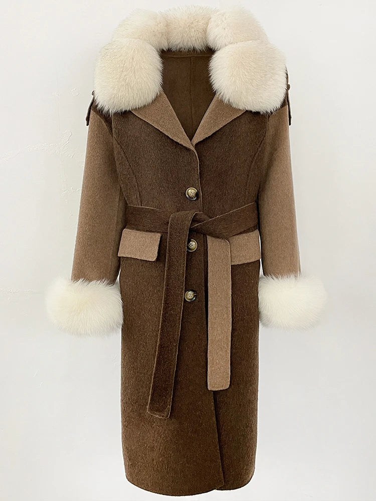 OFTBUT New Winter Clothing Women Natural Fox Fur Cashmere double-faced Woolen Jacket Long Single-breasted Belt Wool Coat Female