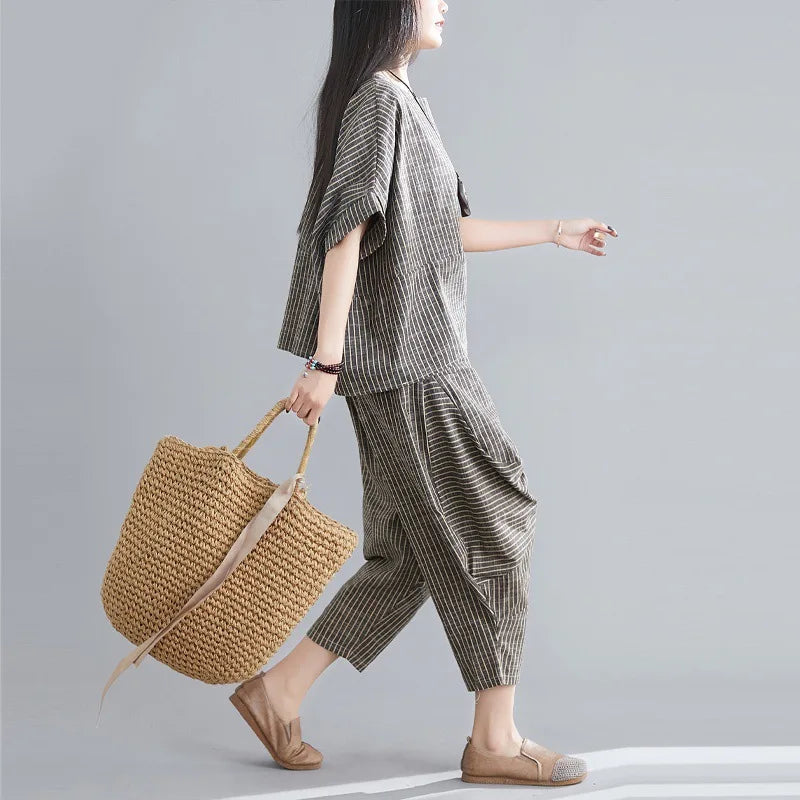 Summer Minimalist Stripe Batwing Top & High-Waist Cropped Pants Set – Casual Comfort for Women