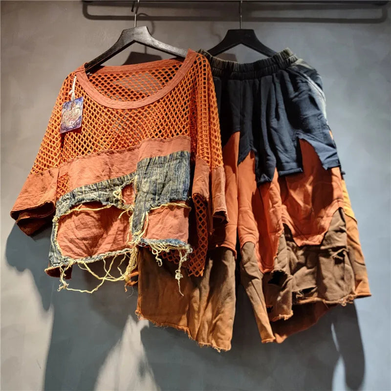 DEAT Fashion Women's Two-pieces Set Hollow Out Mesh Splicing Short Sleeve T-shirt Denim Fake Two Piece Pants Female 11A05416