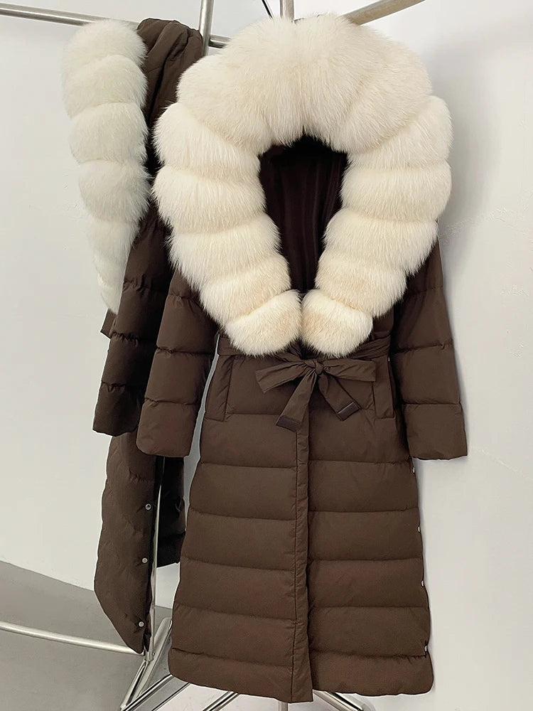 Hooded Winter White Duck Down Coat Large Real Fox Fur Collar X-Long Puffer Jacket Women Thick Female Parkas With Belt
