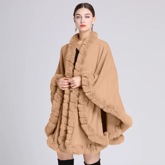 Fashion Handcraft Full Trim Faux Rex Rabbit Fur Cape Coat Loose Knit Cashmere Cloak Shawl Women Fall Winter New Pallium Outwear