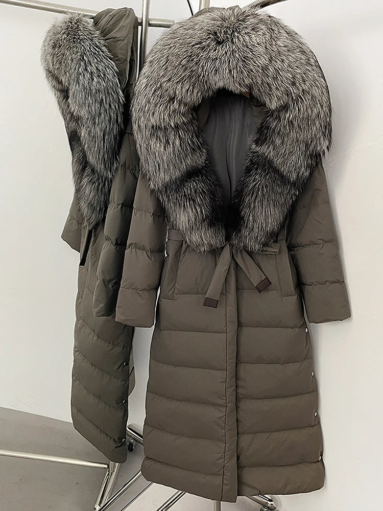 Hooded Winter White Duck Down Coat Large Real Fox Fur Collar X-Long Puffer Jacket Women Thick Female Parkas With Belt