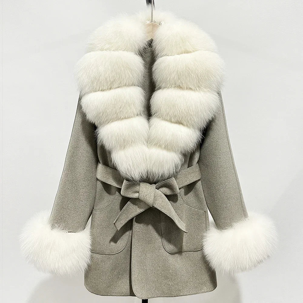 Fur Coat Natural Fur Collar Real Fox Fur Overcoat Female 2025 Autumn Winter Wool Coat Women Clothes Cuffs Woolen Jacket