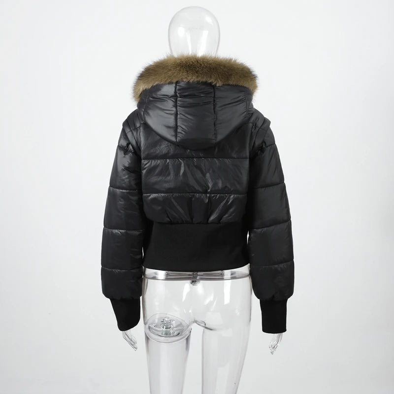Short Down Women's Jacket Faux Fur Collar Hat Detachable Sleeves Coat Slim Warm Outwears 2025 Winter Thicken Coats