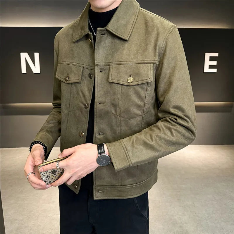 Autumn and Winter High-Grade Deerskin Velvet Padded Jacket,  Men's Lapel Short Solid Color Coat Brown