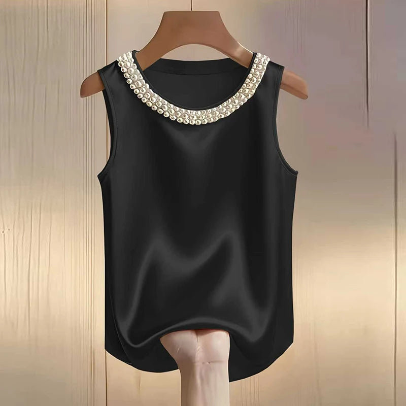 Elegant Satin Beaded Tank Top
