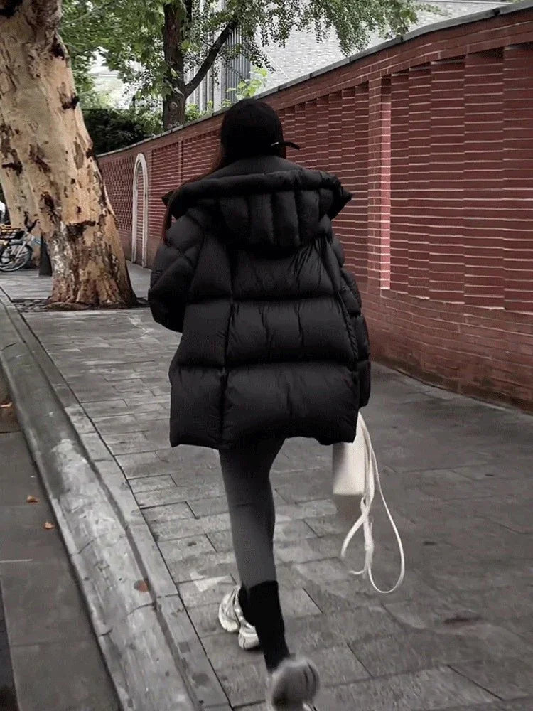 Winter New Puff Down Jacket Female Thickened White Duck Down Warm Coat Women Medium-length Loose Solid Thick Hooded Overcoat