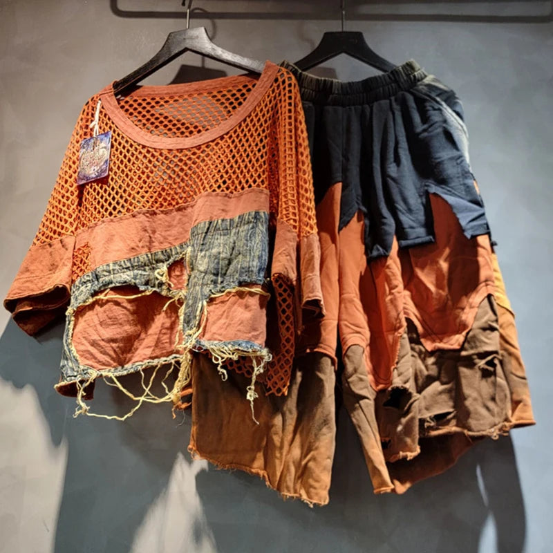 DEAT Fashion Women's Two-pieces Set Hollow Out Mesh Splicing Short Sleeve T-shirt Denim Fake Two Piece Pants Female 11A05416