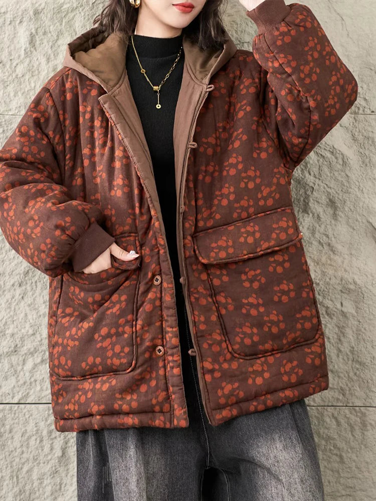 Floral Winter Warm Cotton Coats Ladies Oversized Printed Hooded Parkas Women Vintage Punk Thicken Padded Jackets