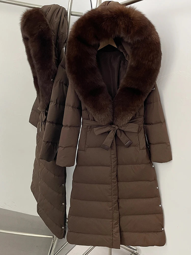 Hooded Winter White Duck Down Coat Large Real Fox Fur Collar X-Long Puffer Jacket Women Thick Female Parkas With Belt