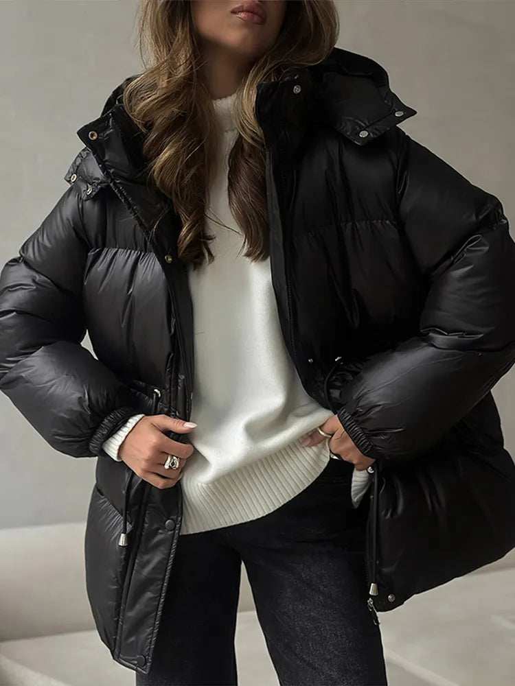 Retro Hooded Drawstring Padded Coat Women Fashion Casual Single Breasted Waist-cinching Cotton Coats Lady Winter Street Outwear