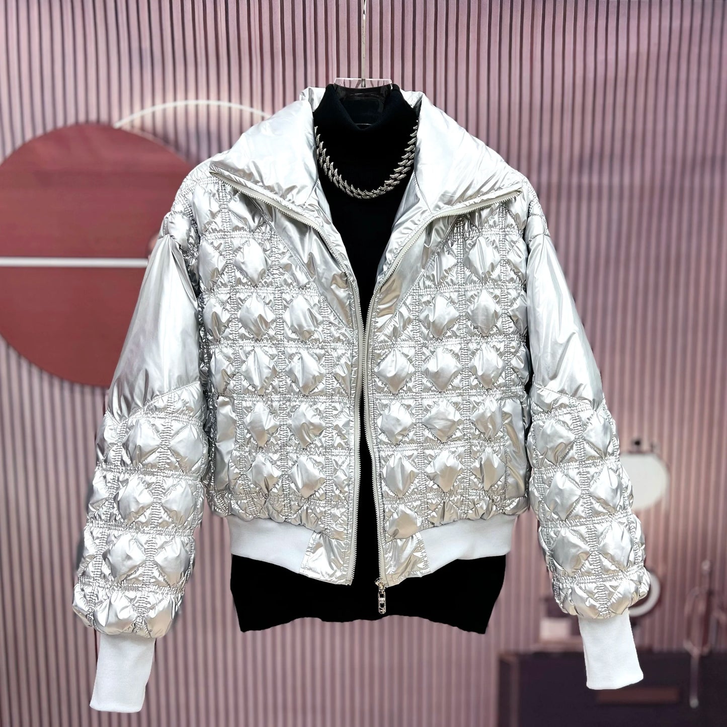 Solid Color Glossy Down Jacket for Men – Retro Rhombus Design, Thickened Winter Coat