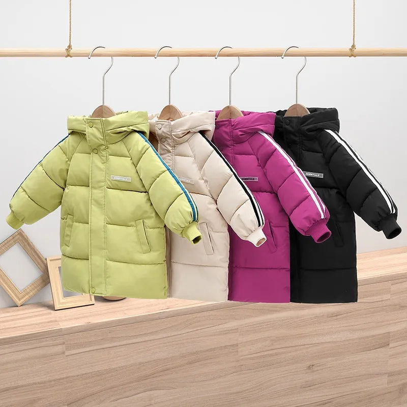 Boys Girls Cotton-Padded Coats Kids Long Down Autumn Winter Teen Cotton Clothes Outerwear Big Children Thicken Warm Jacket