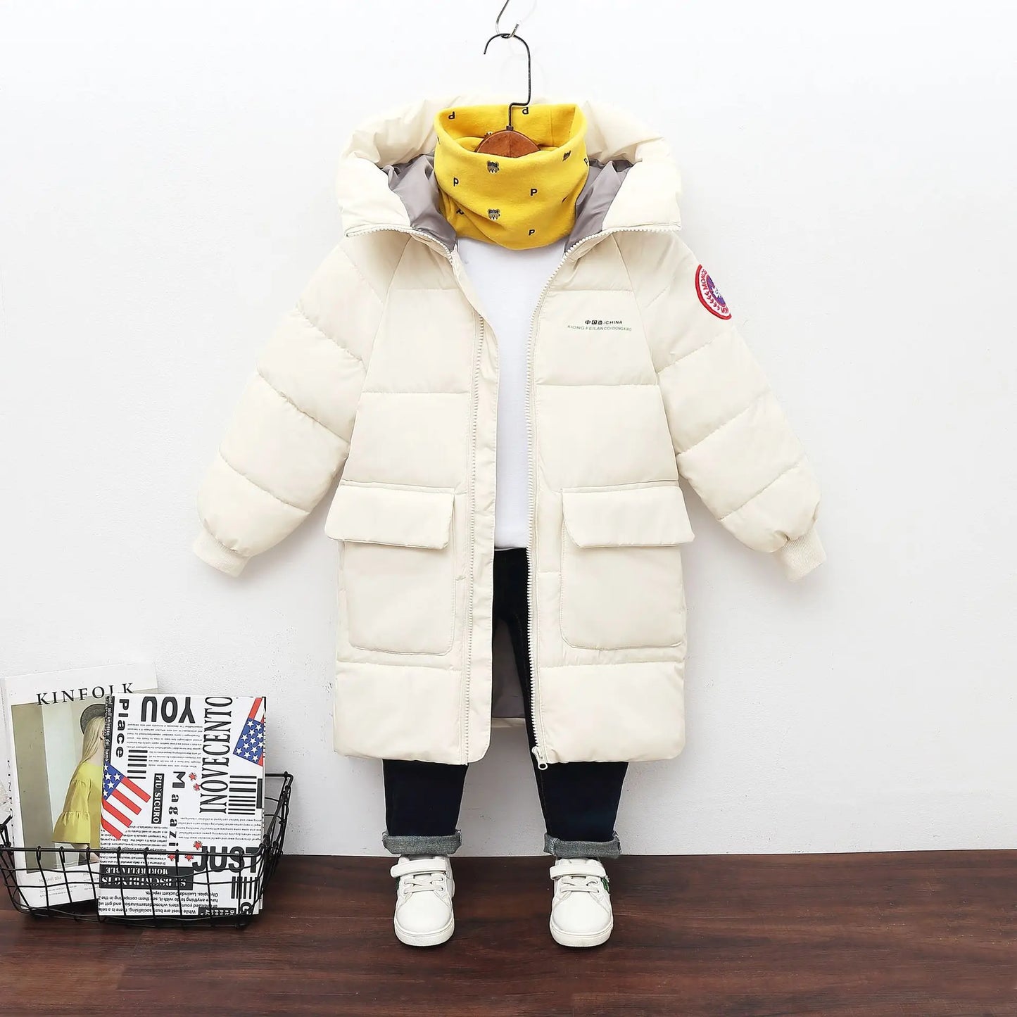 Children Down Cotton Winter Jacket Baby Boys Girls Korean Version Style Medium And Long Size Hooded Coat Baby Outerwear