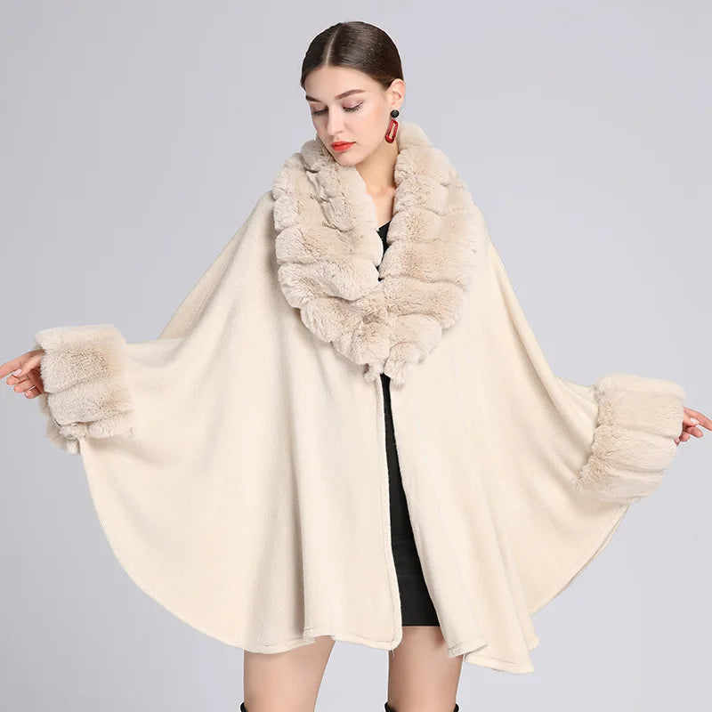 Wide Lapel Faux Rabbit Fur Cape Coat Women Winter Loose Knit Cloak Cardigan Soft Poncho Wraps Overcoat New