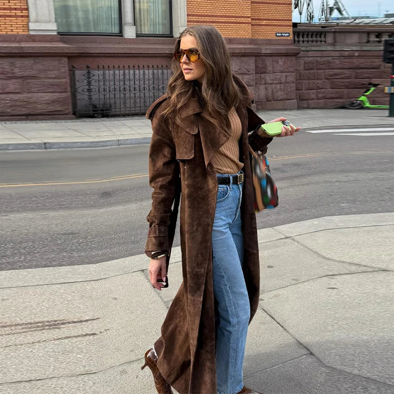 Vintage Suede Long Jackets Women Loose Lapel Double Breasted Belts Coats Female 2025 Autumn Winter Fashion Solid Thick Outwears