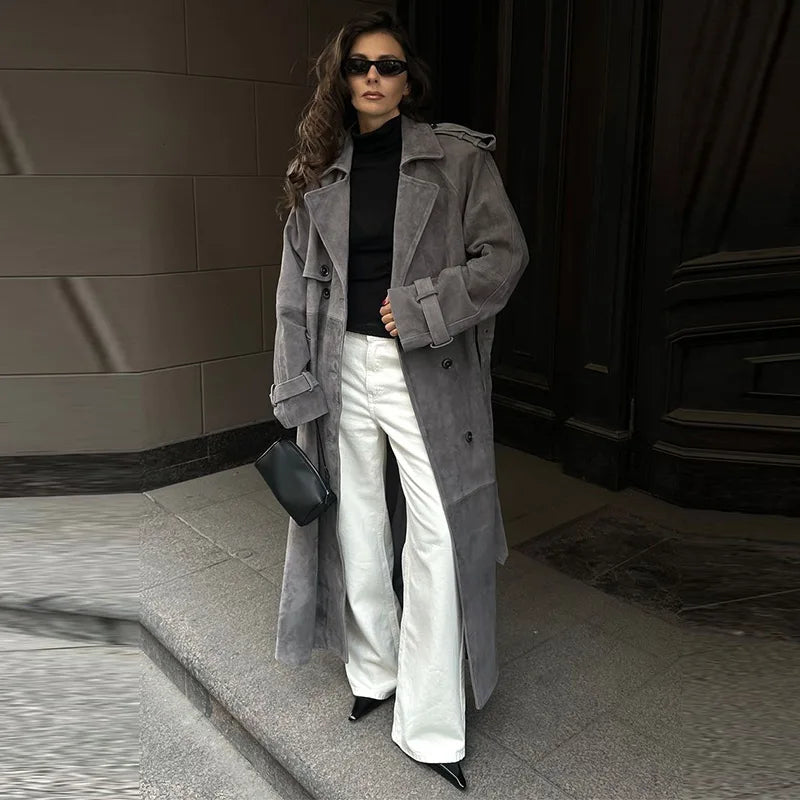 Vintage Suede Long Jackets Women Loose Lapel Double Breasted Belts Coats Female 2025 Autumn Winter Fashion Solid Thick Outwears