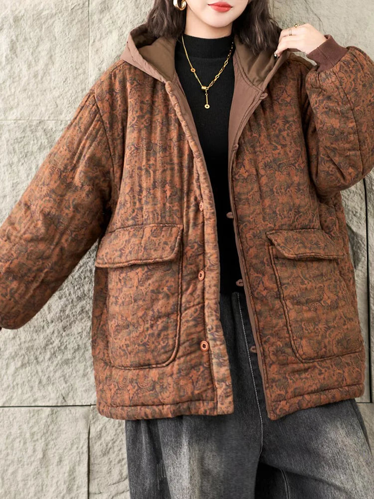 Floral Winter Warm Cotton Coats Ladies Oversized Printed Hooded Parkas Women Vintage Punk Thicken Padded Jackets