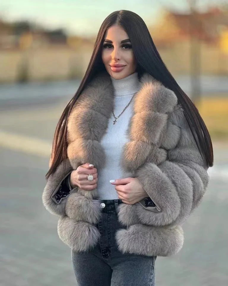 Women's Real Fox Fur Jacket with Large Lapel Detachable Sleeves Warm Stylish Winter Coat Fashionable Animal Skin Outerwear