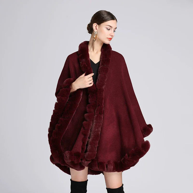 Fashion Handcraft Full Trim Faux Rex Rabbit Fur Cape Coat Loose Knit Cashmere Cloak Shawl Women Fall Winter New Pallium Outwear