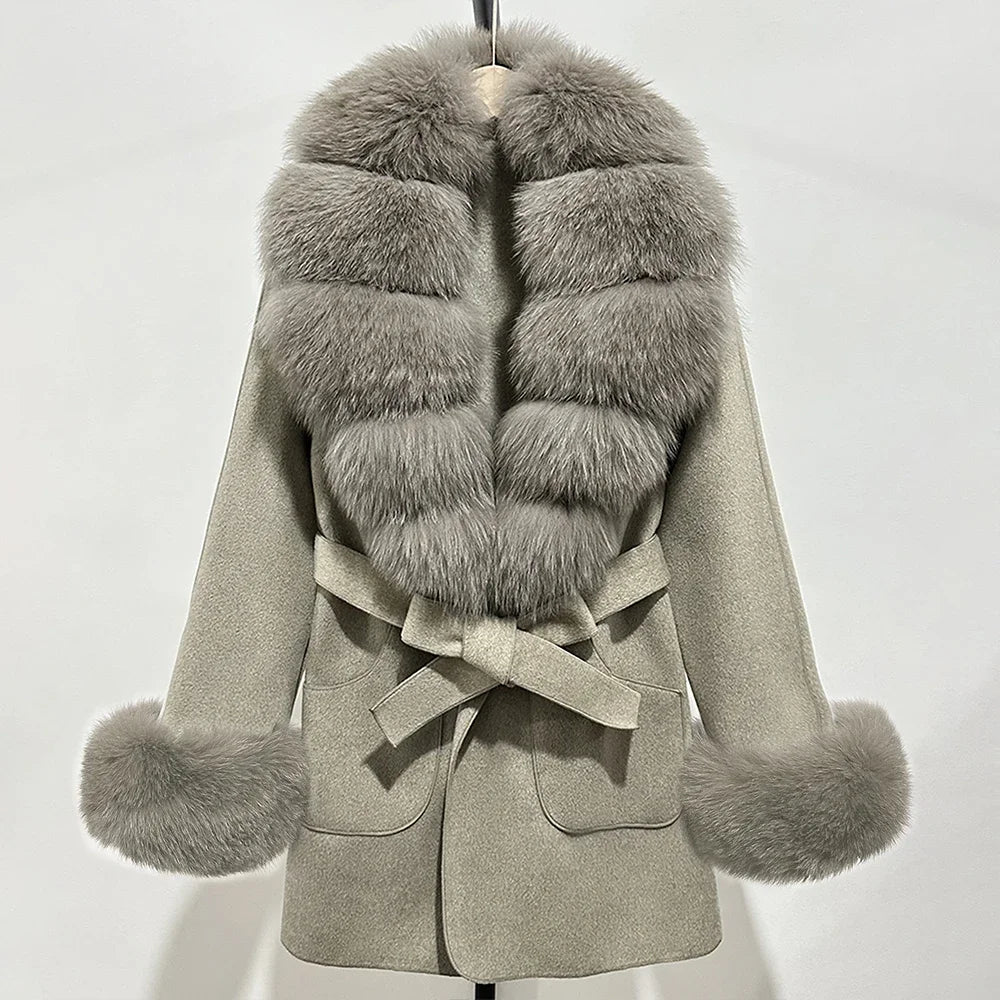 Fur Coat Natural Fur Collar Real Fox Fur Overcoat Female 2025 Autumn Winter Wool Coat Women Clothes Cuffs Woolen Jacket
