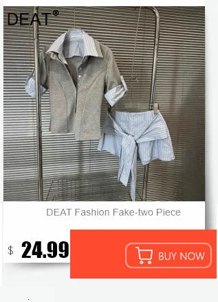 DEAT Fashion Women's Two-pieces Set Hollow Out Mesh Splicing Short Sleeve T-shirt Denim Fake Two Piece Pants Female 11A05416