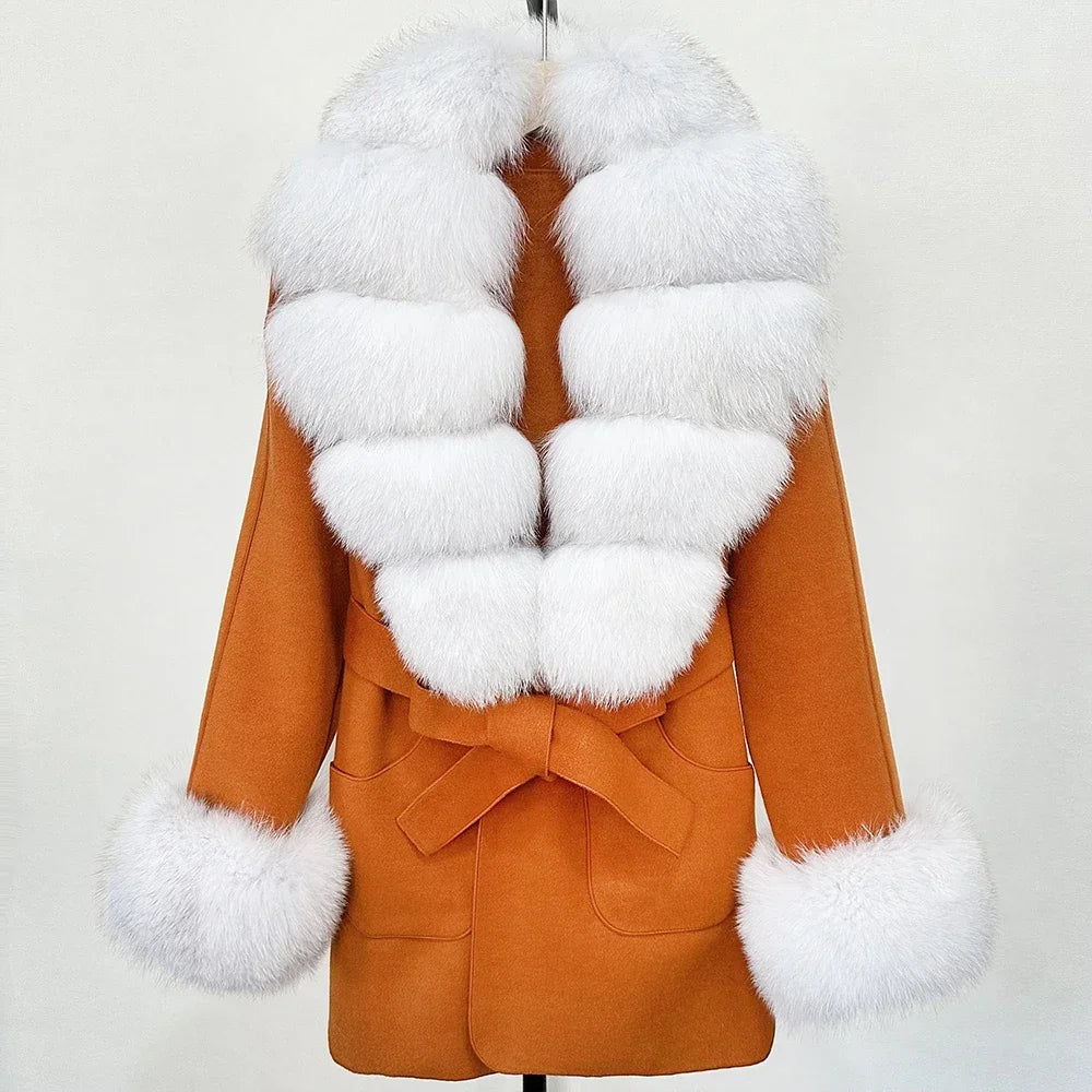 Fur Coat Natural Fur Collar Real Fox Fur Overcoat Female 2025 Autumn Winter Wool Coat Women Clothes Cuffs Woolen Jacket