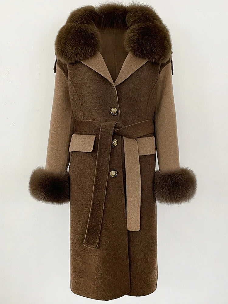 OFTBUT New Winter Clothing Women Natural Fox Fur Cashmere double-faced Woolen Jacket Long Single-breasted Belt Wool Coat Female