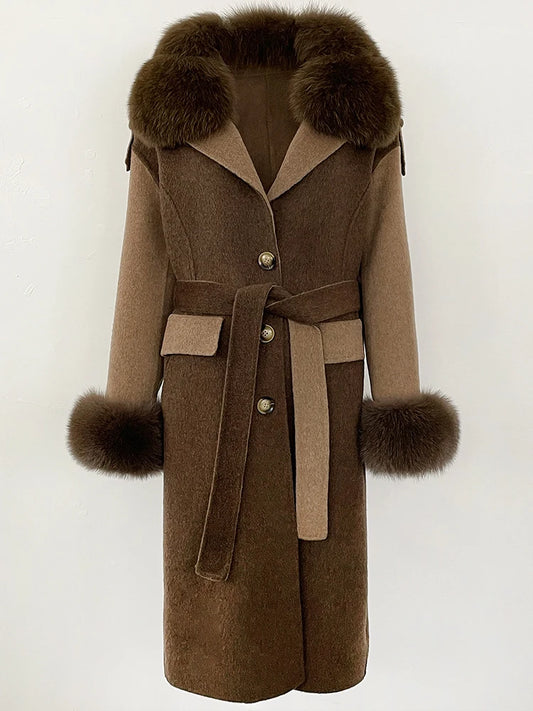 OFTBUT New Winter Clothing Women Natural Fox Fur Cashmere double-faced Woolen Jacket Long Single-breasted Belt Wool Coat Female