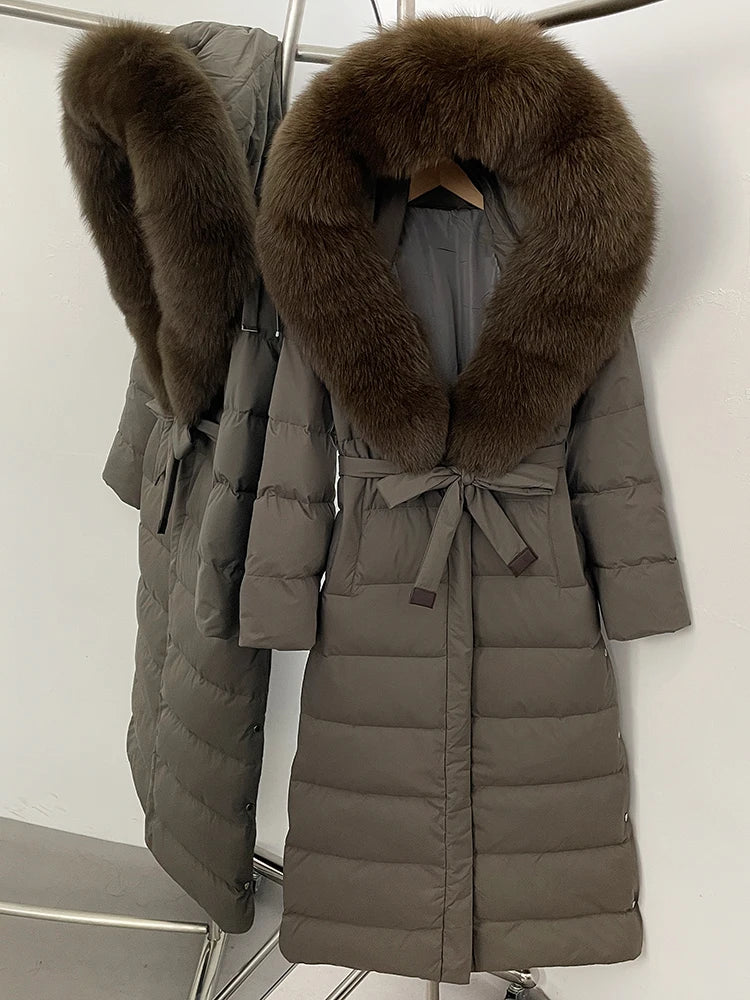 Hooded Winter White Duck Down Coat Large Real Fox Fur Collar X-Long Puffer Jacket Women Thick Female Parkas With Belt