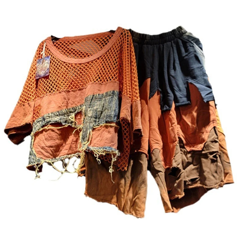 DEAT Fashion Women's Two-pieces Set Hollow Out Mesh Splicing Short Sleeve T-shirt Denim Fake Two Piece Pants Female 11A05416