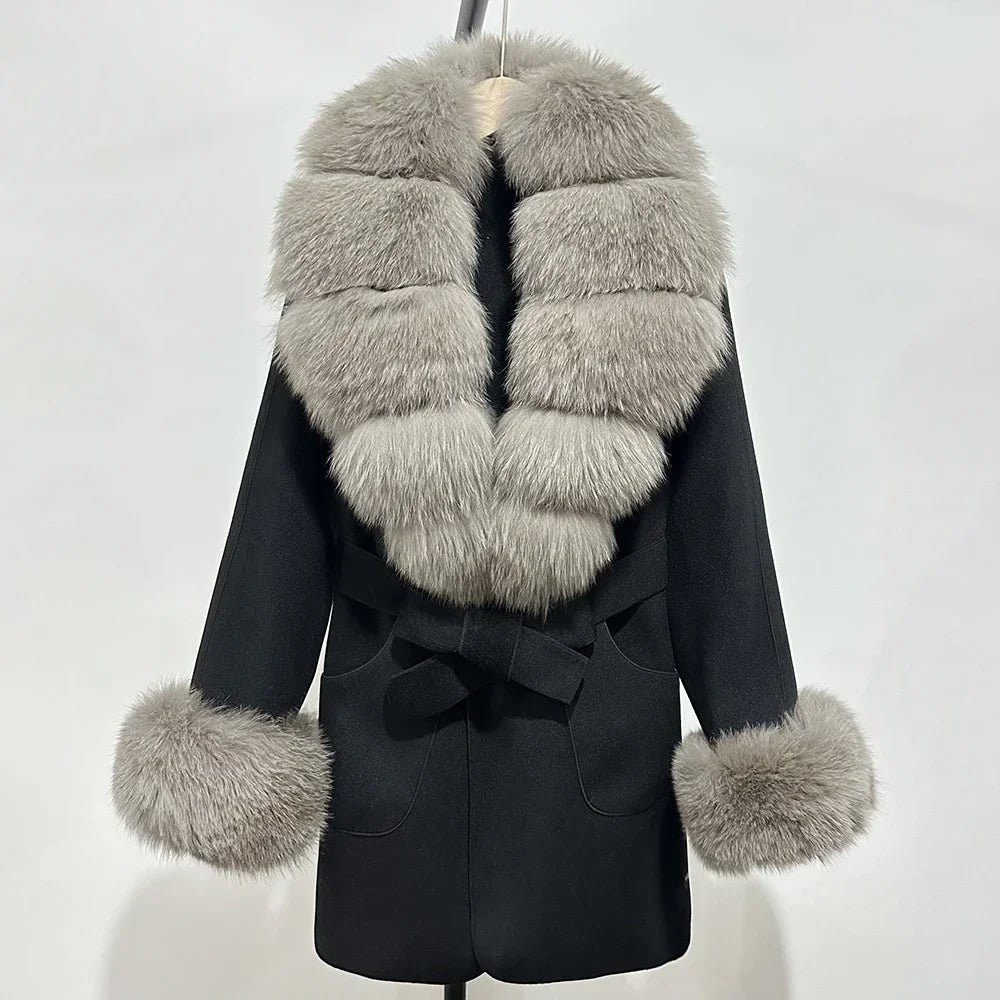 Fur Coat Natural Fur Collar Real Fox Fur Overcoat Female 2025 Autumn Winter Wool Coat Women Clothes Cuffs Woolen Jacket