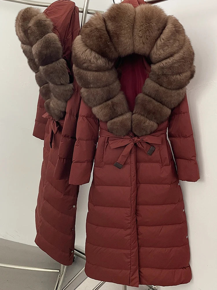 Hooded Winter White Duck Down Coat Large Real Fox Fur Collar X-Long Puffer Jacket Women Thick Female Parkas With Belt
