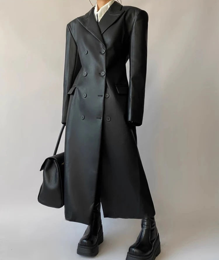 Autumn Long Black Fitted Soft Pu Leather Trench Coat for Women Shoulder Pads Double Breasted Luxury European Clothes