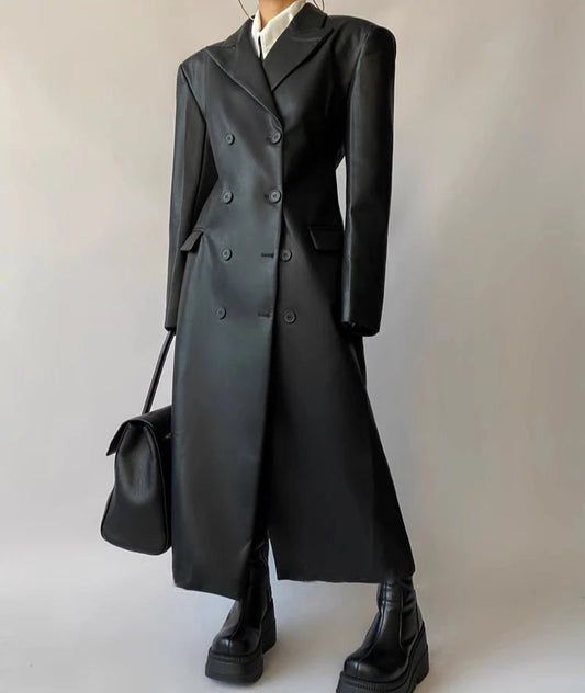 Autumn Long Black Fitted Soft Pu Leather Trench Coat for Women Shoulder Pads Double Breasted Luxury European Clothes