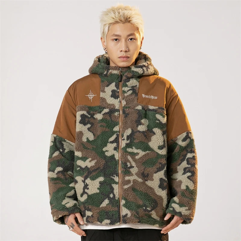 Hooded Plush Down Unisex Jacket Camouflage Hoodie Winter Faux Fur Coat Luxury Trench Coats Winter Short Parkas