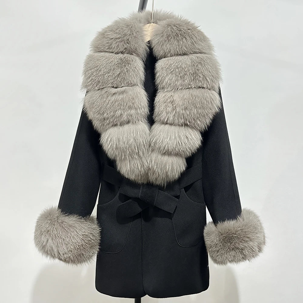 Fur Coat Natural Fur Collar Real Fox Fur Overcoat Female 2025 Autumn Winter Wool Coat Women Clothes Cuffs Woolen Jacket
