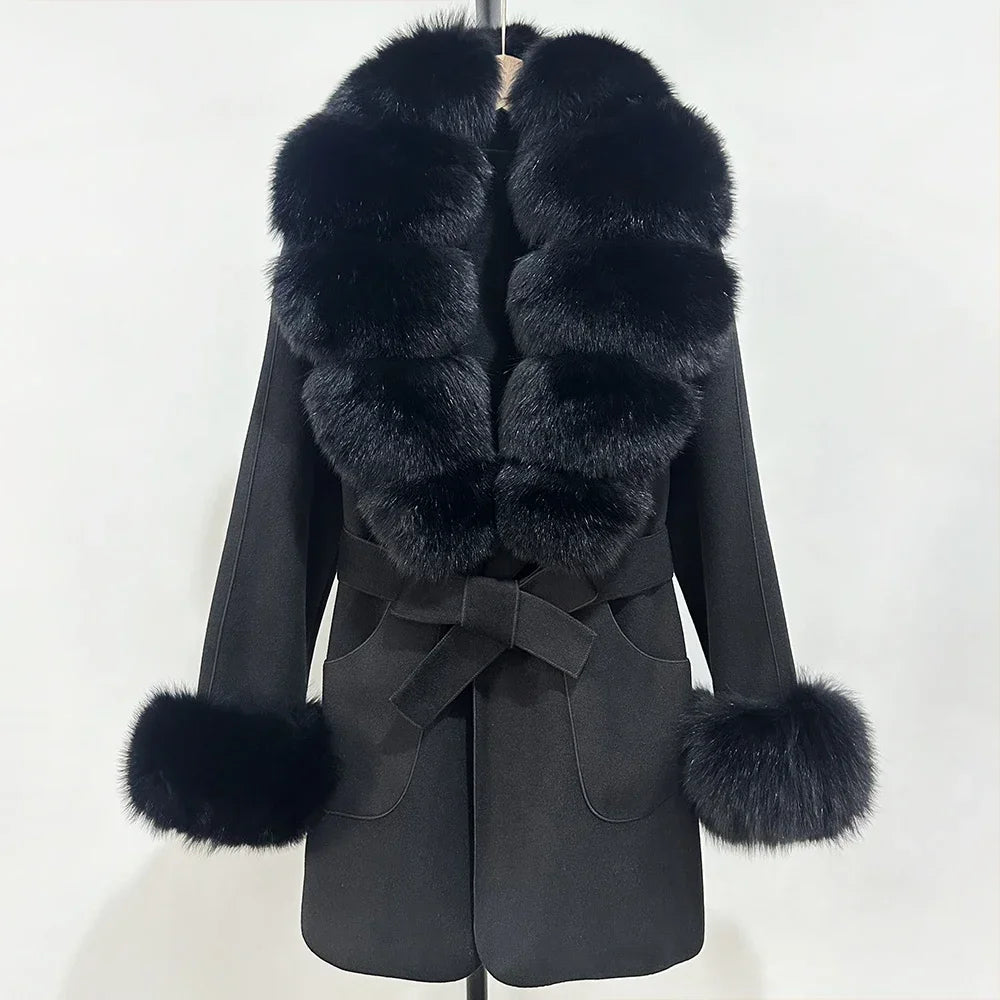 Fur Coat Natural Fur Collar Real Fox Fur Overcoat Female 2025 Autumn Winter Wool Coat Women Clothes Cuffs Woolen Jacket