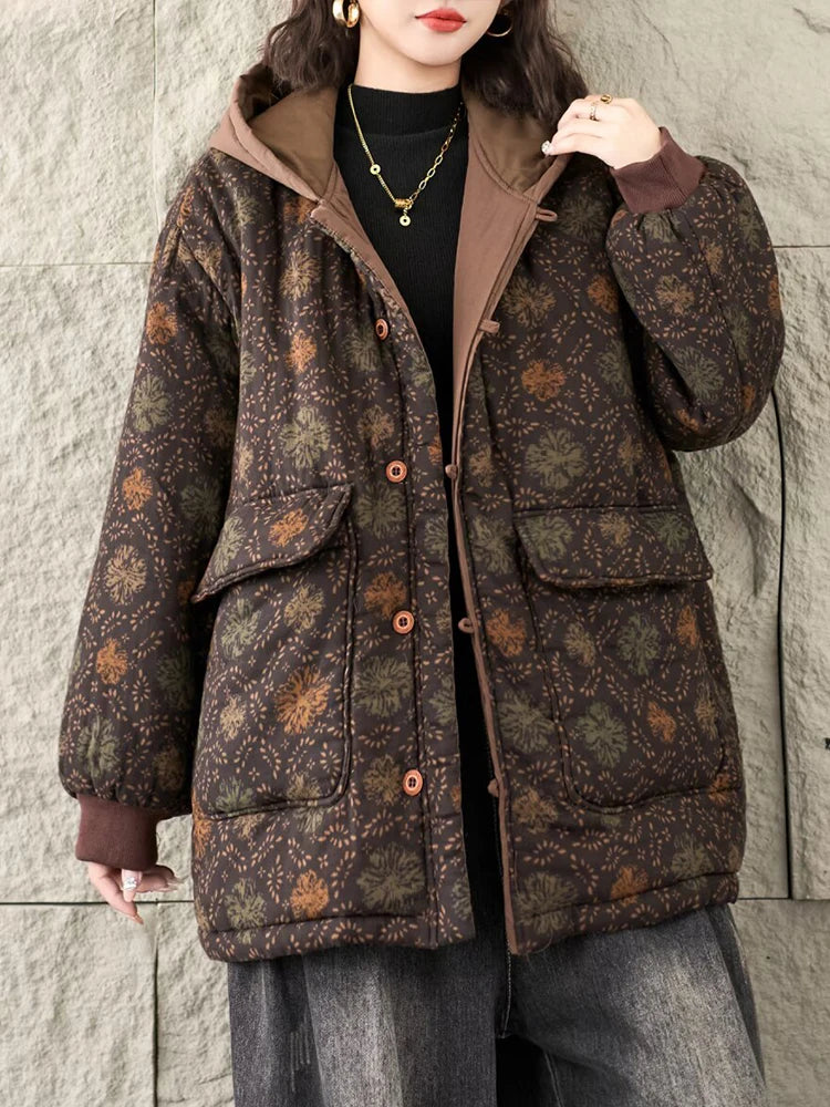 Floral Winter Warm Cotton Coats Ladies Oversized Printed Hooded Parkas Women Vintage Punk Thicken Padded Jackets
