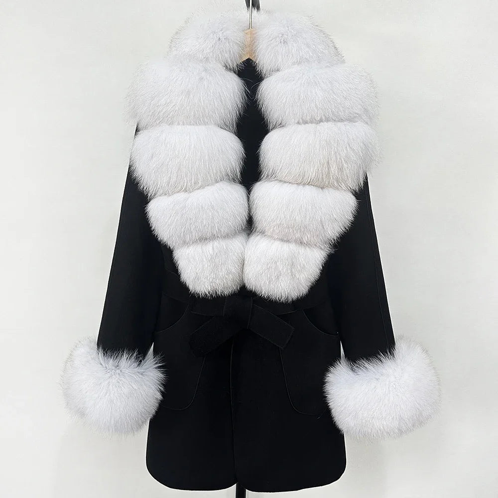 Fur Coat Natural Fur Collar Real Fox Fur Overcoat Female 2025 Autumn Winter Wool Coat Women Clothes Cuffs Woolen Jacket