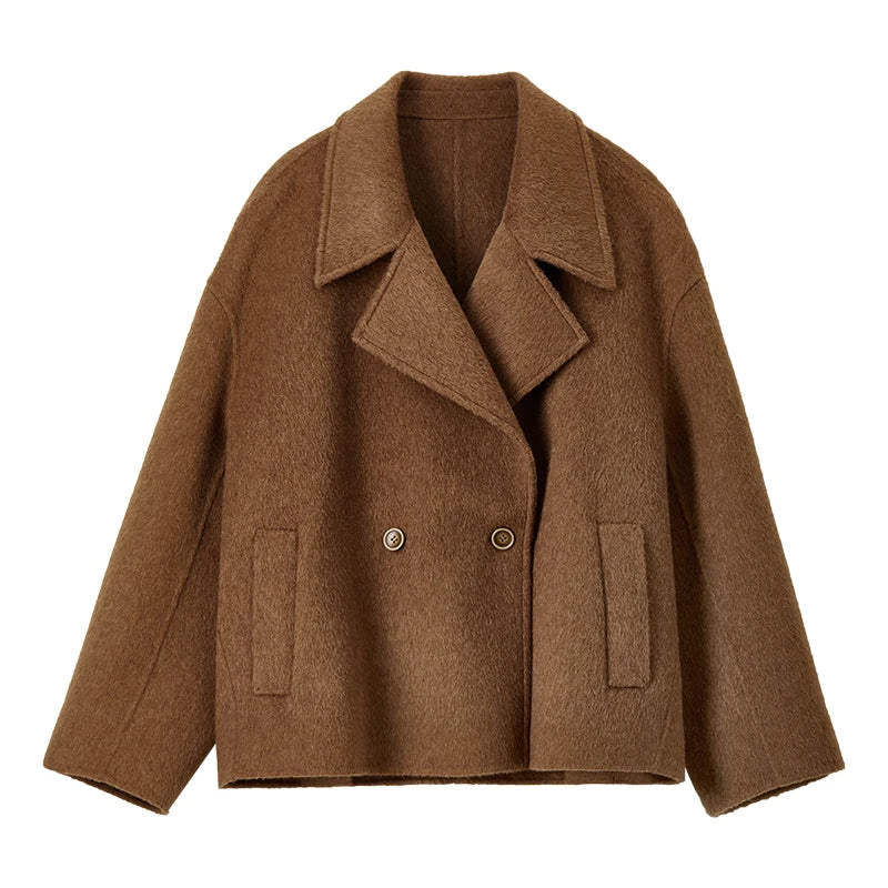 Winter Short Woolen Jackets Women Outerwear 2024 Fashion Notched Collar Double Breasted Loose Coats Female W44O56123