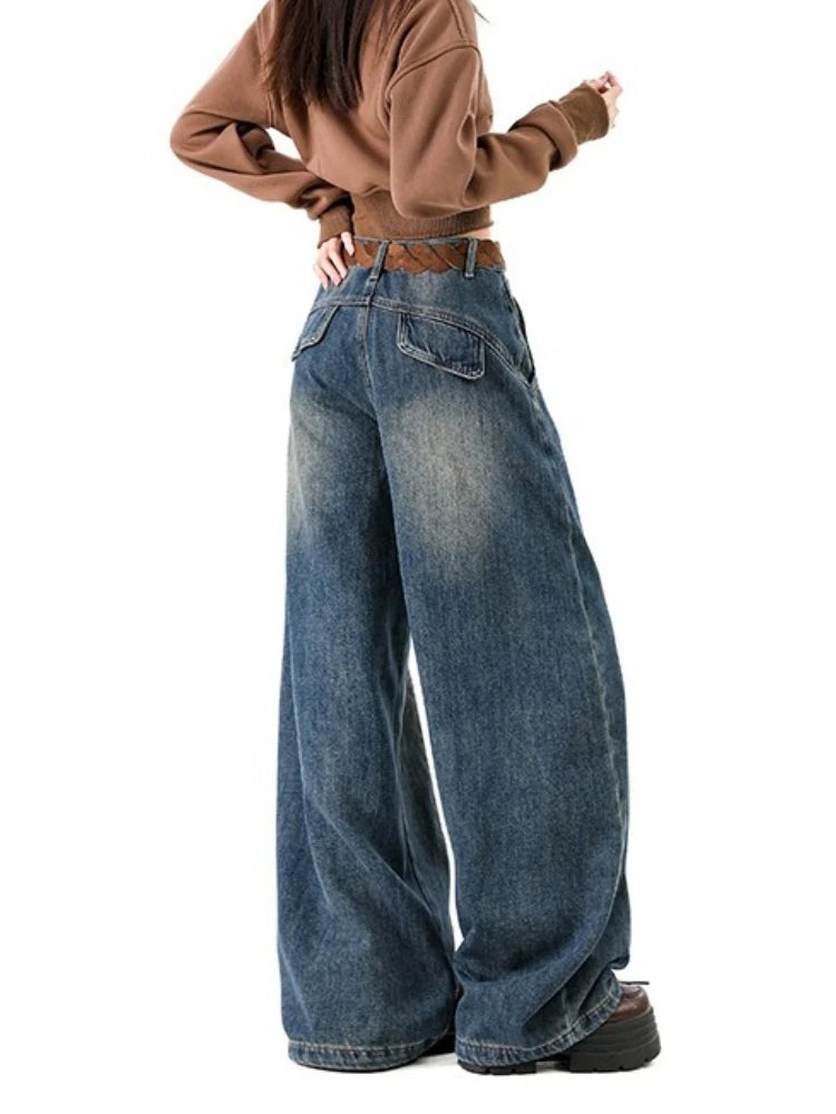 American Retro Plush Curved Knife Jeans – Autumn/Winter Wide-Leg Denim