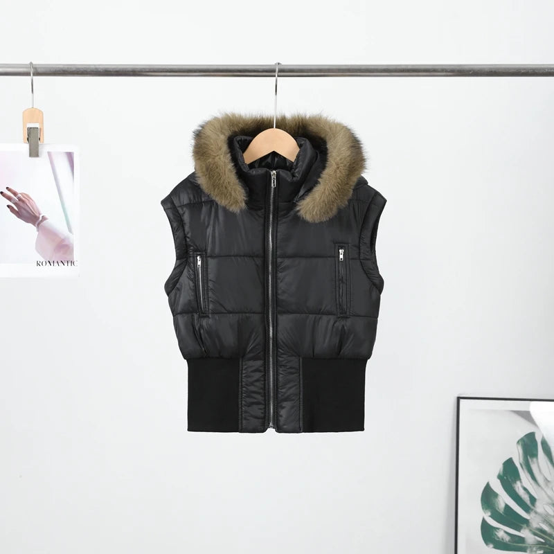 Short Down Women's Jacket Faux Fur Collar Hat Detachable Sleeves Coat Slim Warm Outwears 2025 Winter Thicken Coats