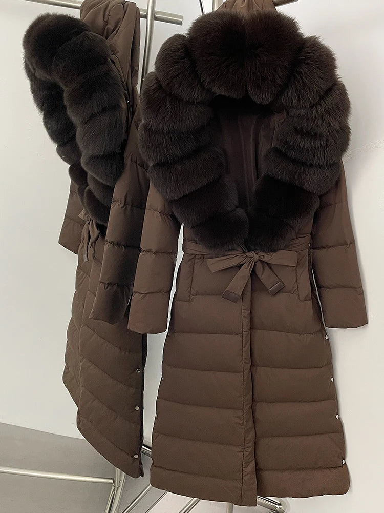 Hooded Winter White Duck Down Coat Large Real Fox Fur Collar X-Long Puffer Jacket Women Thick Female Parkas With Belt