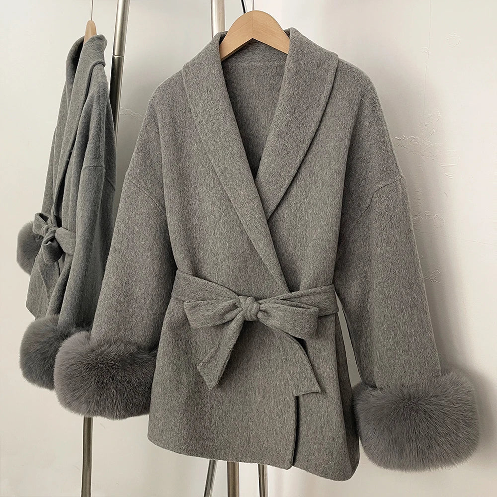 Wool Coat Faux Fur Women Overcoat Fake Fox Fur Patchwork Woolen Coat Fur Eco-friendly Lady Wool Jacket Artificial Autumn Spring