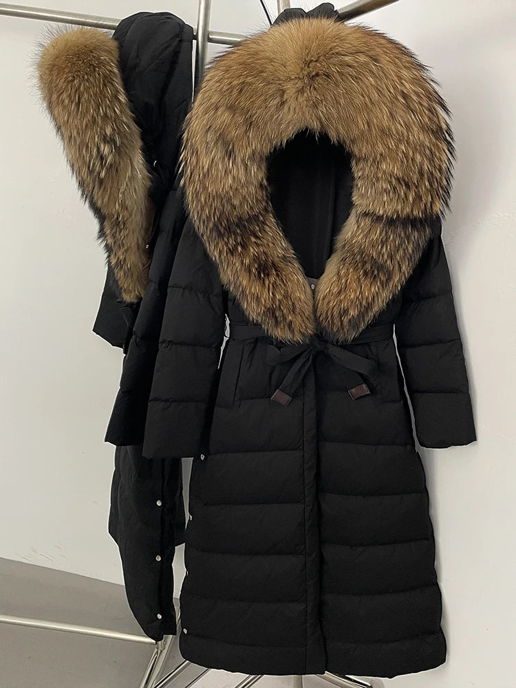 Hooded Winter White Duck Down Coat Large Real Fox Fur Collar X-Long Puffer Jacket Women Thick Female Parkas With Belt