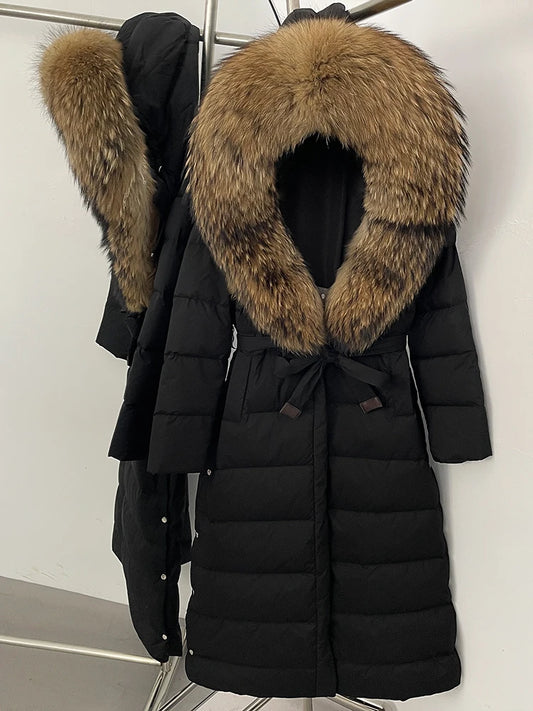 Hooded Winter White Duck Down Coat Large Real Fox Fur Collar X-Long Puffer Jacket Women Thick Female Parkas With Belt