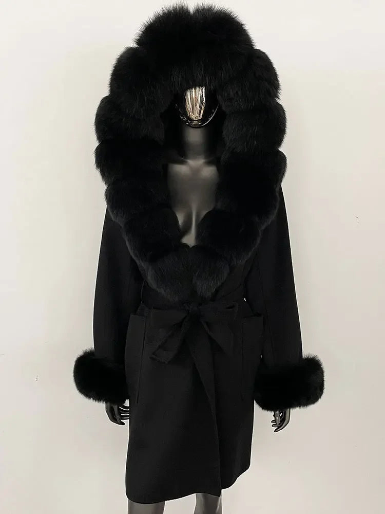 Natural Real Fox Fur Hooded Pocket Winter Jacket  100% Blends Wool Coat Women Loose Outerwear Casual Outerwear Streetwear