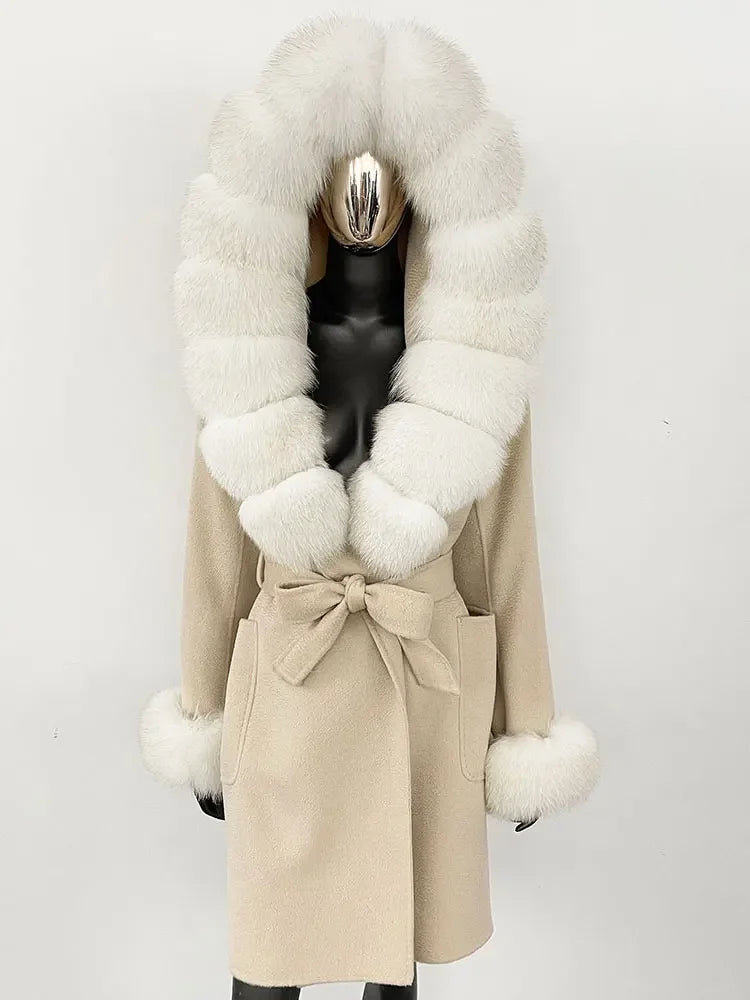 Natural Real Fox Fur Hooded Pocket Winter Jacket  100% Blends Wool Coat Women Loose Outerwear Casual Outerwear Streetwear